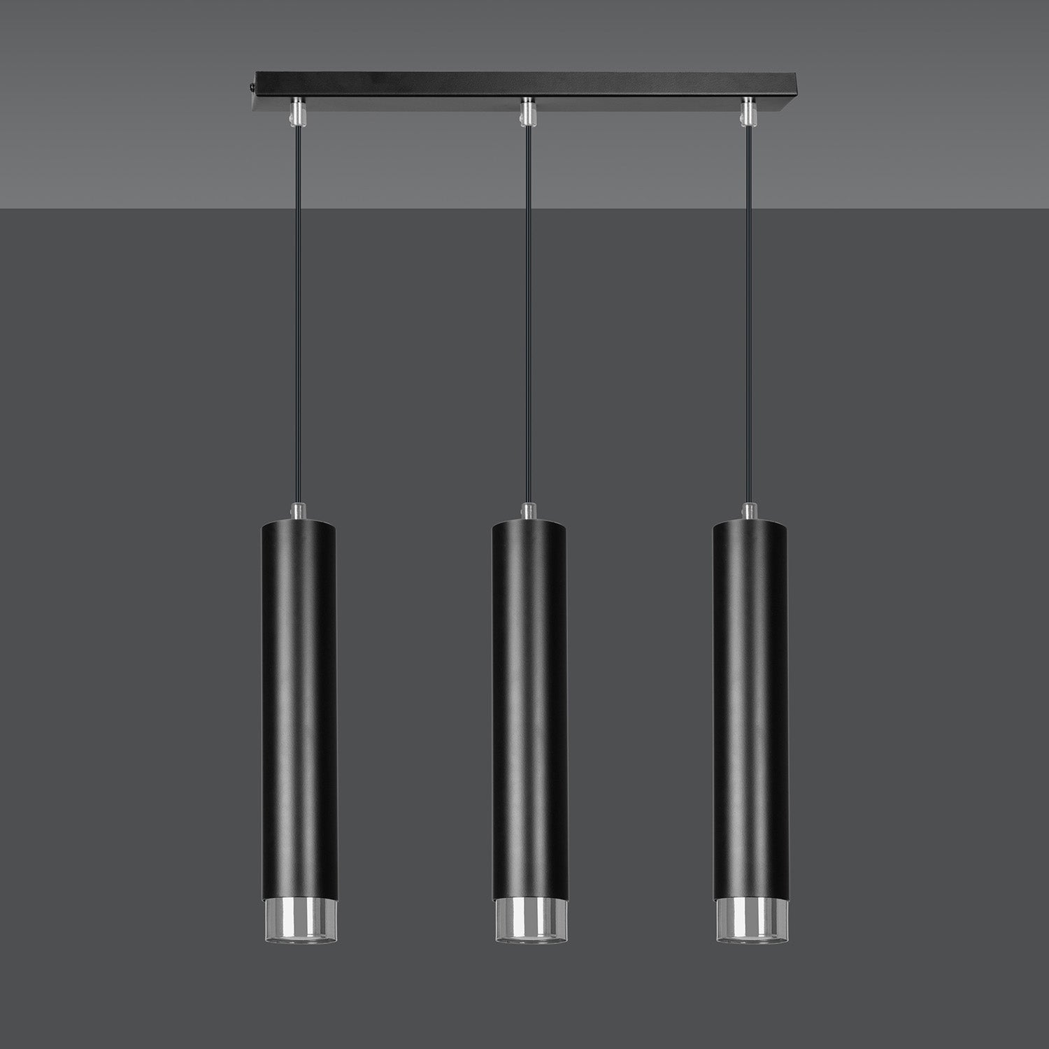 Lampadario 3 Luci Brunilde In Acciaio Nero E Tubolari In Nero E Cromo