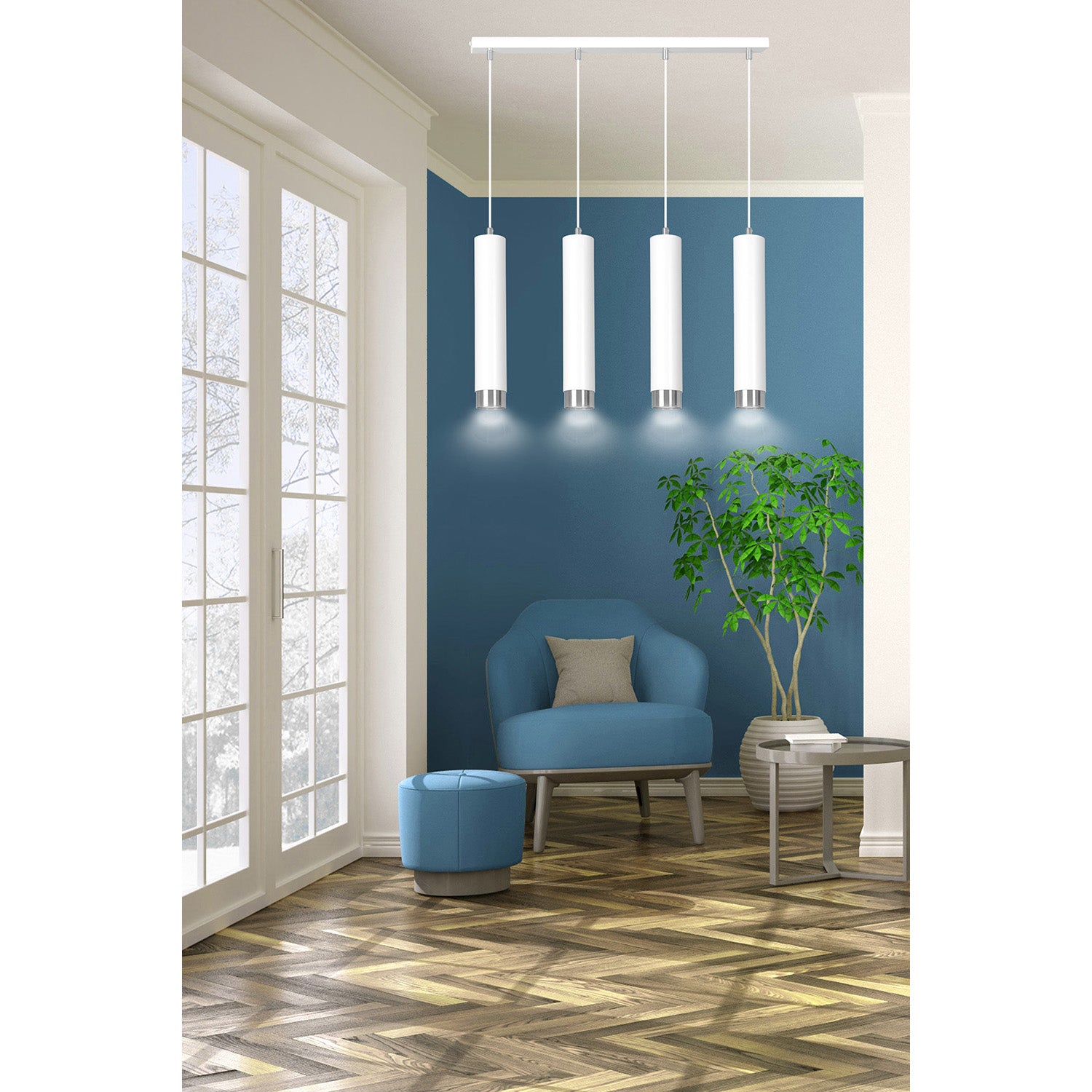 Lampadario 4 Luci Brunilde In Acciaio Bianco E Tubolari In Bianco E Cromo