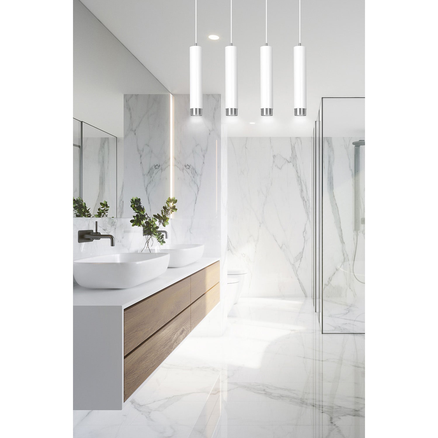 Lampadario 4 Luci Brunilde In Acciaio Bianco E Tubolari In Bianco E Cromo