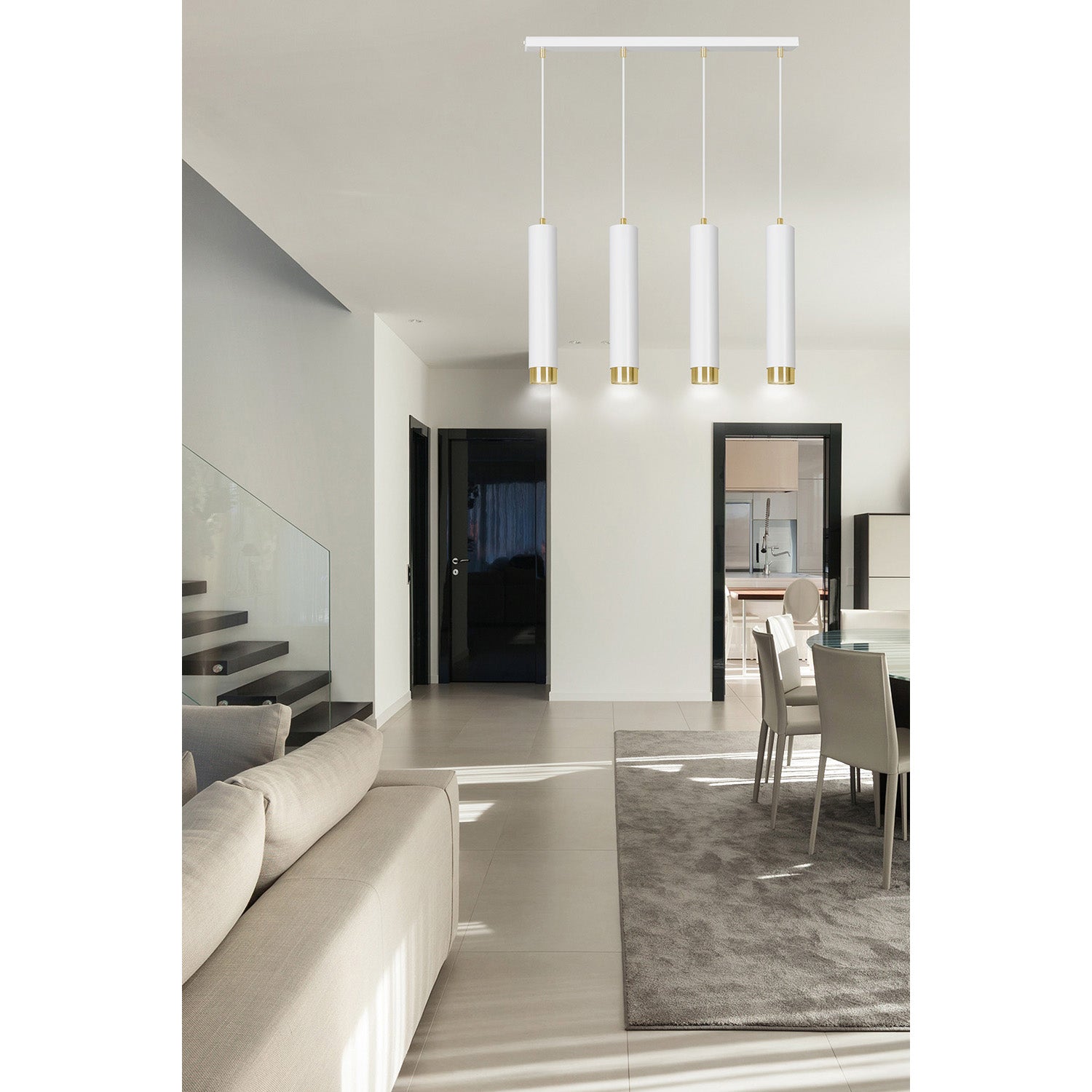 Lampadario 4 Luci Brunilde In Acciaio Bianco E Tubolari In Bianco E Oro