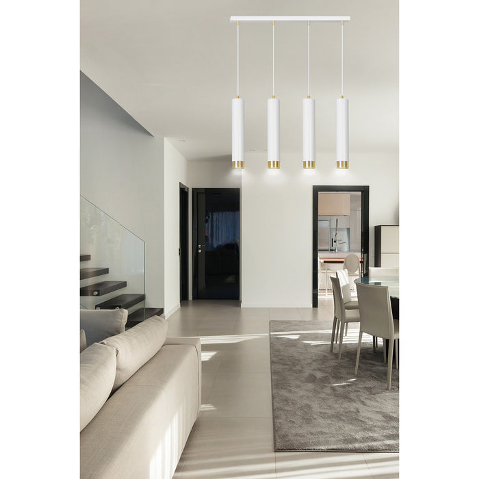 Lampadario 4 Luci Brunilde In Acciaio Bianco E Tubolari In Bianco E Oro