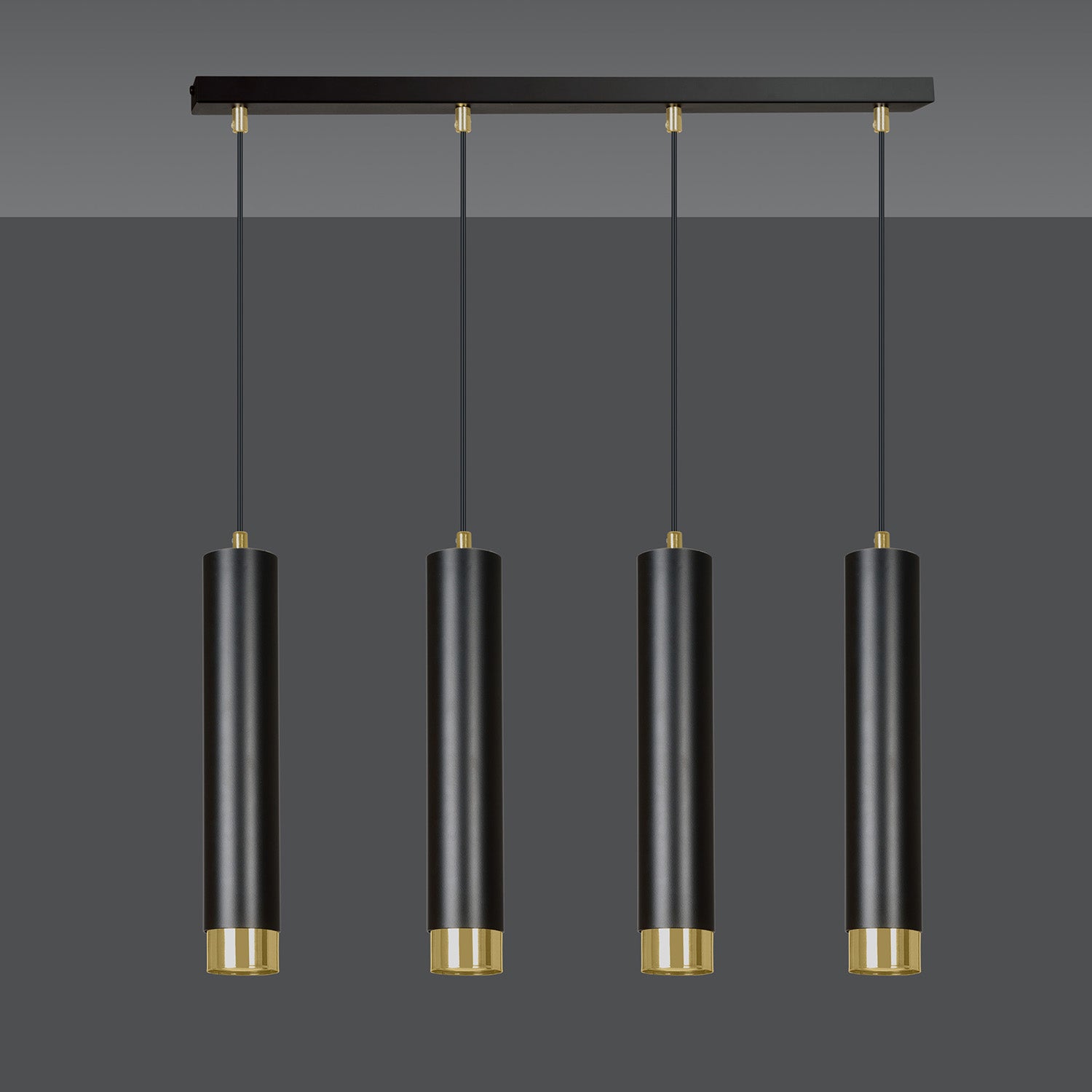 Lampadario 4 Luci Brunilde In Acciaio Nero E Tubolari In Nero E Oro