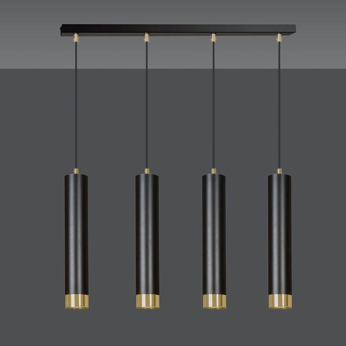 Lampadario 4 Luci Brunilde In Acciaio Nero E Tubolari In Nero E Oro