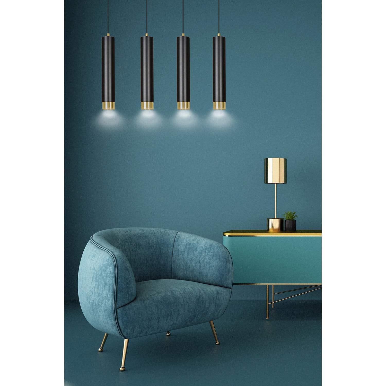 Lampadario 4 Luci Brunilde In Acciaio Nero E Tubolari In Nero E Oro