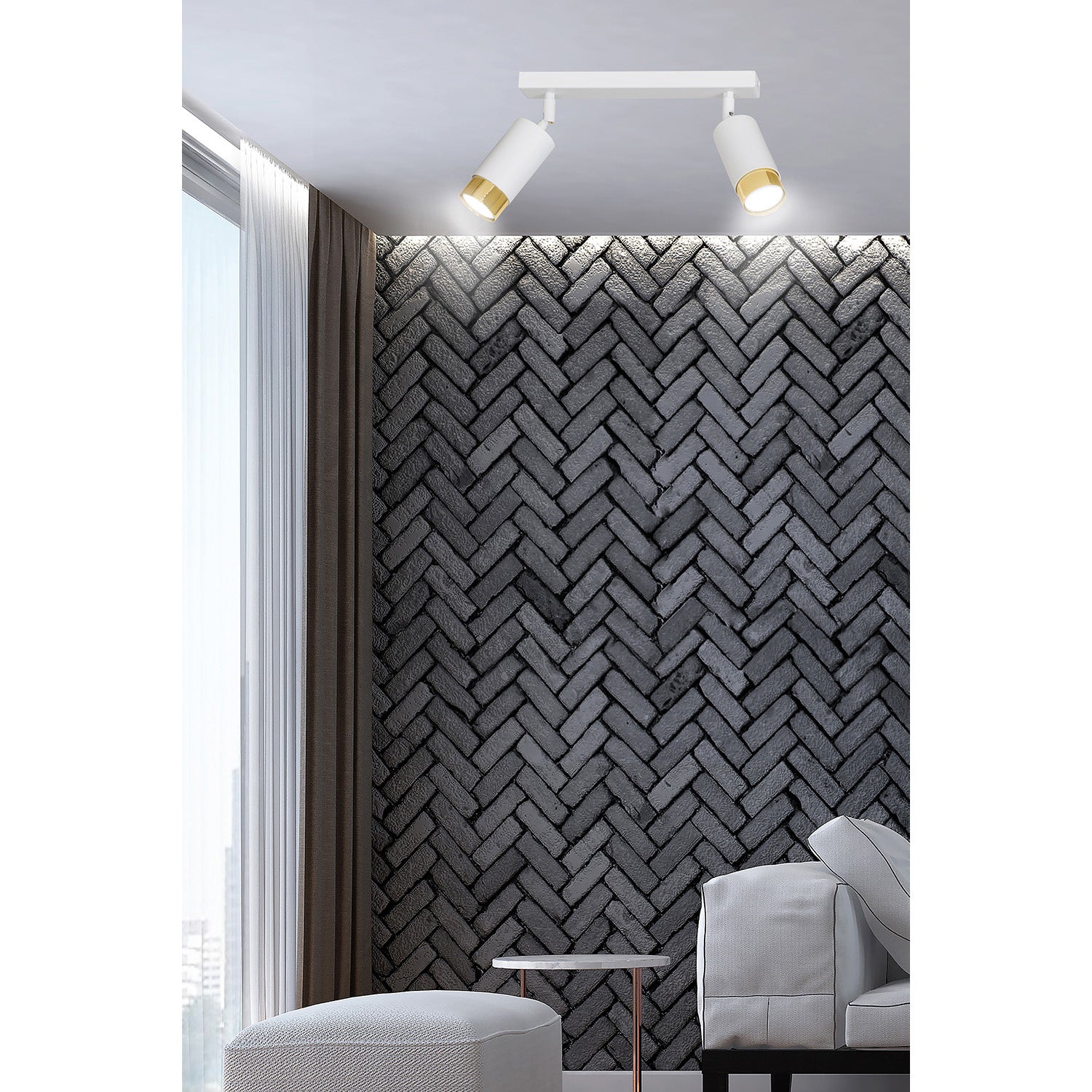 Plafoniera 2 Luci A Faretti Orientabili A Cilindro In Acciaio Bianco E Oro