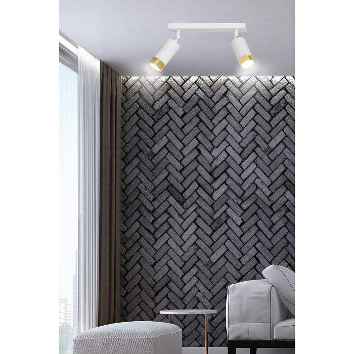 Plafoniera 2 Luci A Faretti Orientabili A Cilindro In Acciaio Bianco E Oro