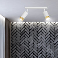 Plafoniera 2 Luci A Faretti Orientabili A Cilindro In Acciaio Bianco E Oro