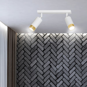 Plafoniera 2 Luci A Faretti Orientabili A Cilindro In Acciaio Bianco E Oro