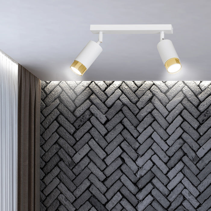 Plafoniera 2 Luci A Faretti Orientabili A Cilindro In Acciaio Bianco E Oro