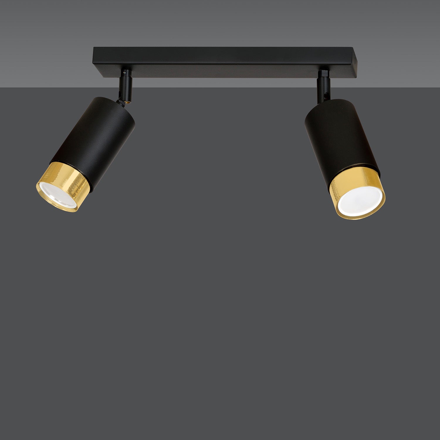 Plafoniera 2 Luci A Faretti Orientabili A Cilindro In Acciaio Nero E Oro