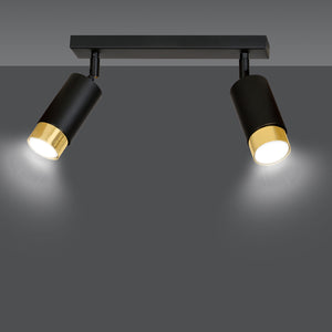 Plafoniera 2 Luci A Faretti Orientabili A Cilindro In Acciaio Nero E Oro