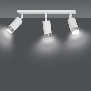 Plafoniera 3 Luci A Faretti Orientabili A Cilindro In Acciaio Bianco E Cromo