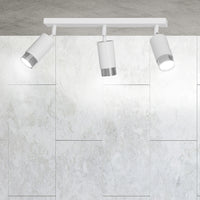 Plafoniera 3 Luci A Faretti Orientabili A Cilindro In Acciaio Bianco E Cromo