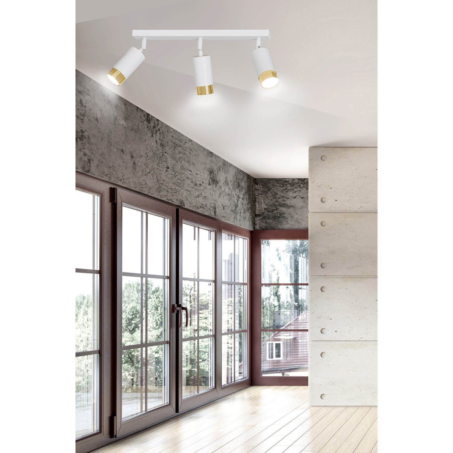 Plafoniera 3 Luci A Faretti Orientabili A Cilindro In Acciaio Bianco E Oro