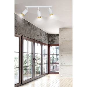 Plafoniera 3 Luci A Faretti Orientabili A Cilindro In Acciaio Bianco E Oro