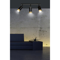 Plafoniera 3 Luci A Faretti Orientabili A Cilindro In Acciaio Nero E Oro