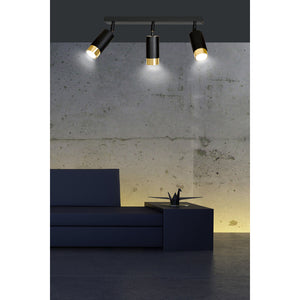 Plafoniera 3 Luci A Faretti Orientabili A Cilindro In Acciaio Nero E Oro