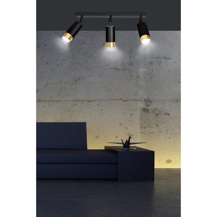 Plafoniera 3 Luci A Faretti Orientabili A Cilindro In Acciaio Nero E Oro