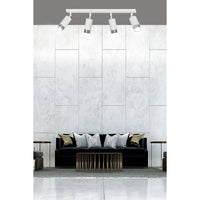 Plafoniera 4 Luci A Faretti Orientabili A Cilindro In Acciaio Bianco E Cromo