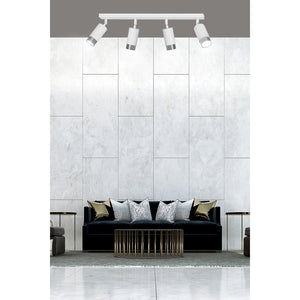 Plafoniera 4 Luci A Faretti Orientabili A Cilindro In Acciaio Bianco E Cromo