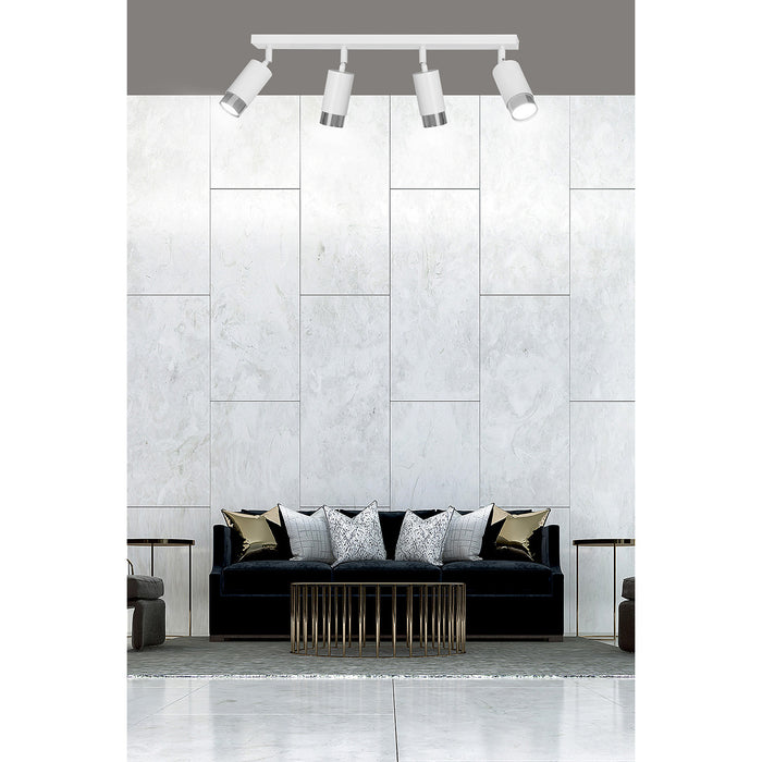 Plafoniera 4 Luci A Faretti Orientabili A Cilindro In Acciaio Bianco E Cromo