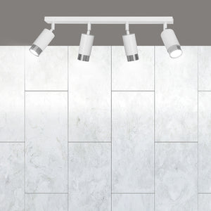 Plafoniera 4 Luci A Faretti Orientabili A Cilindro In Acciaio Bianco E Cromo