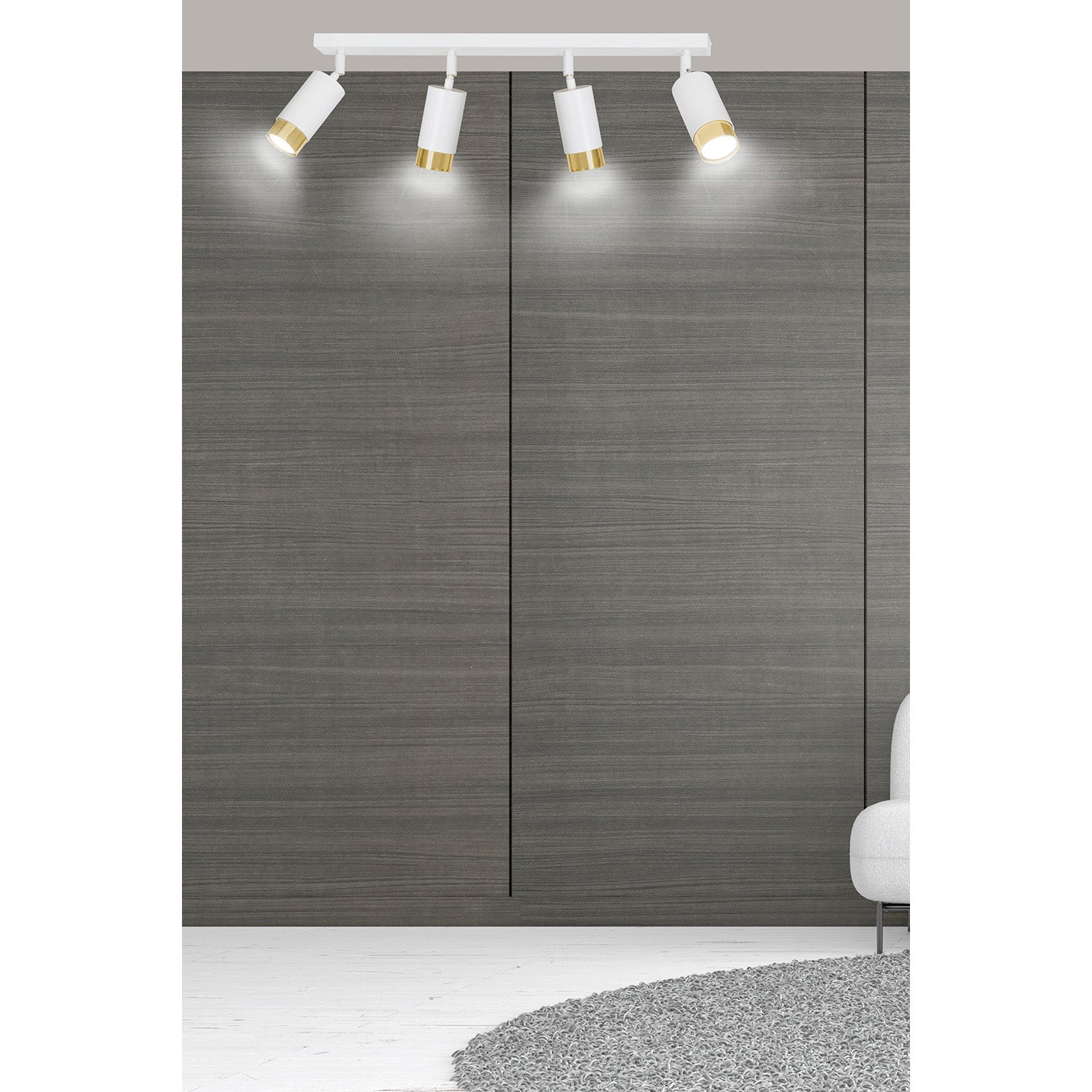 Plafoniera 4 Luci A Faretti Orientabili A Cilindro In Acciaio Bianco E Oro