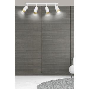 Plafoniera 4 Luci A Faretti Orientabili A Cilindro In Acciaio Bianco E Oro