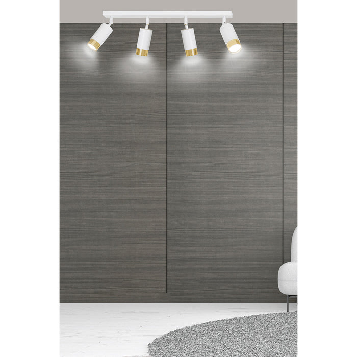 Plafoniera 4 Luci A Faretti Orientabili A Cilindro In Acciaio Bianco E Oro