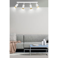 Plafoniera 4 Luci A Faretti Orientabili A Cilindro In Acciaio Bianco E Oro