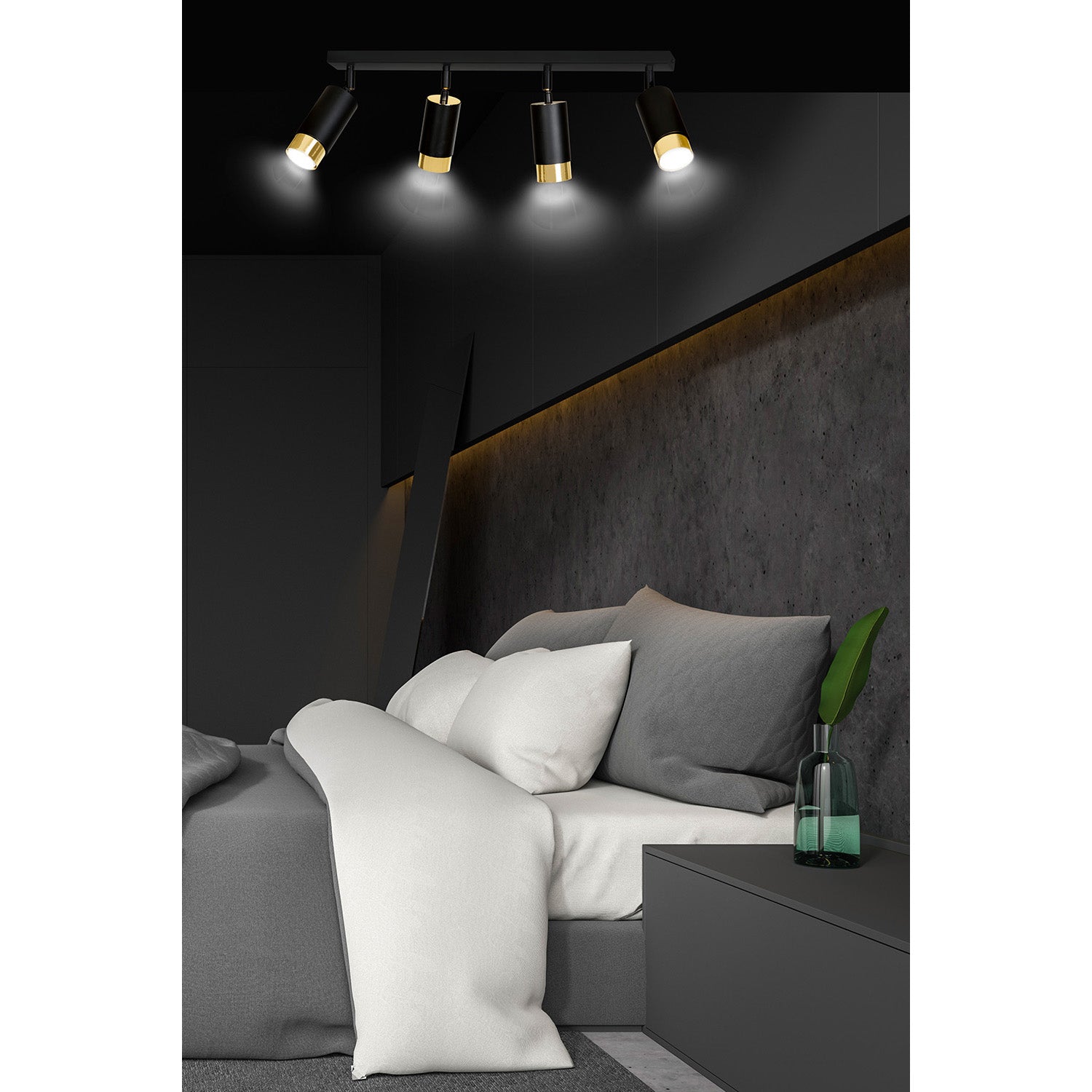 Plafoniera 4 Luci A Faretti Orientabili A Cilindro In Acciaio Nero E Oro