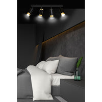 Plafoniera 4 Luci A Faretti Orientabili A Cilindro In Acciaio Nero E Oro