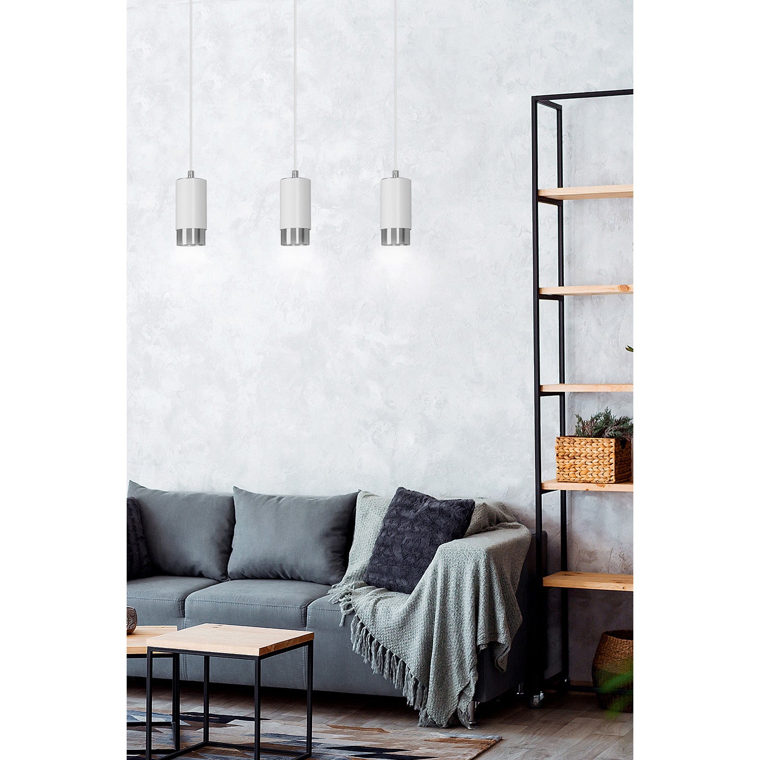 Lampadario 3 Luci Ivar Con Cilindri In Acciaio Bianco E Cromo