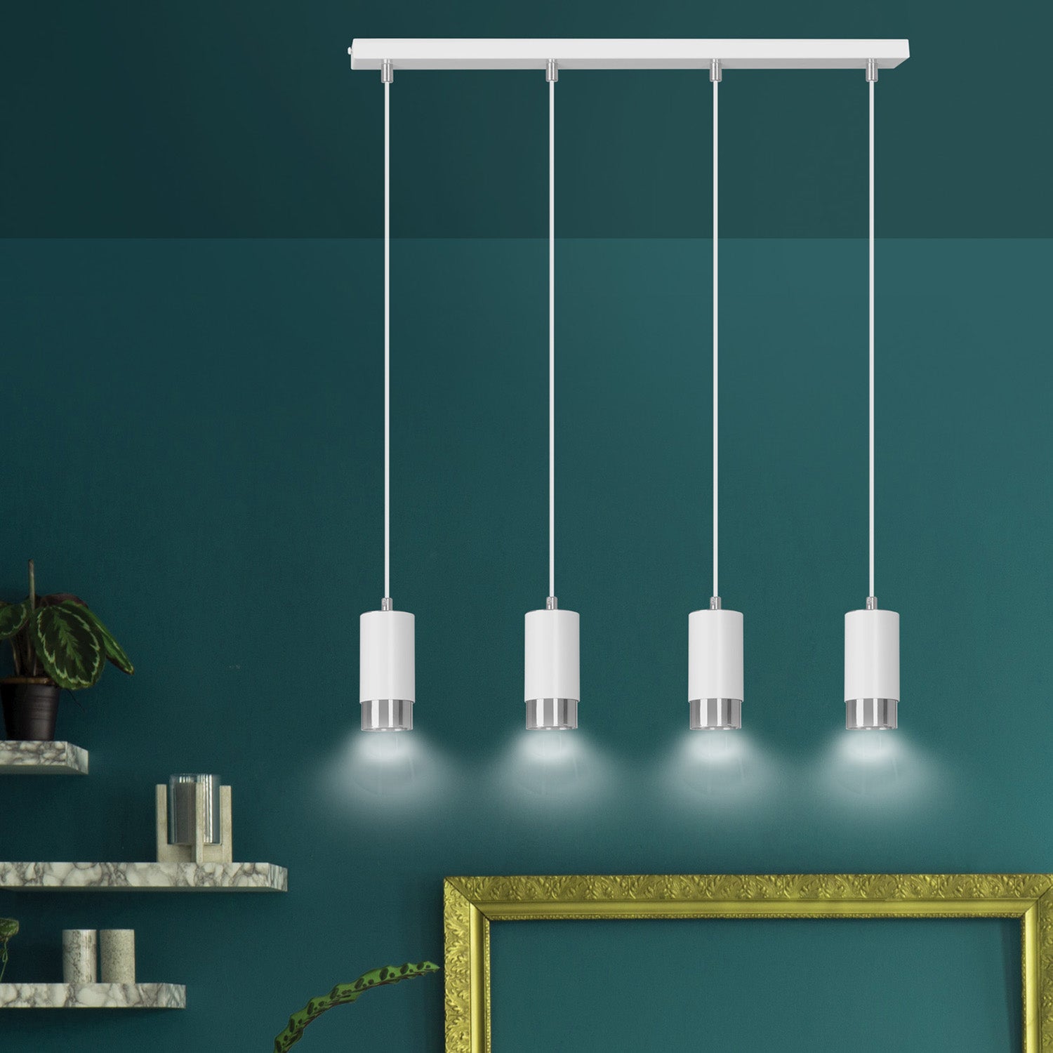 Lampadario 4 Luci Ivar Con Cilindri In Acciaio Bianco E Cromo