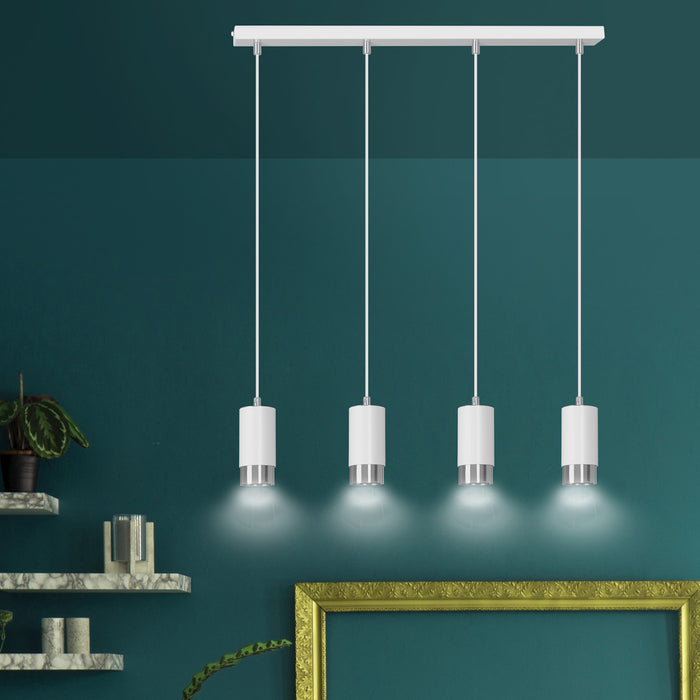 Lampadario 4 Luci Ivar Con Cilindri In Acciaio Bianco E Cromo