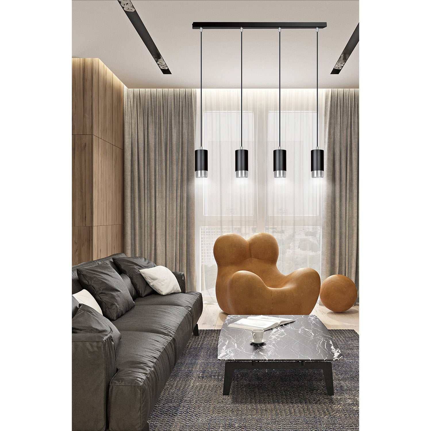 Lampadario 4 Luci Ivar Con Cilindri In Acciaio Nero E Cromo