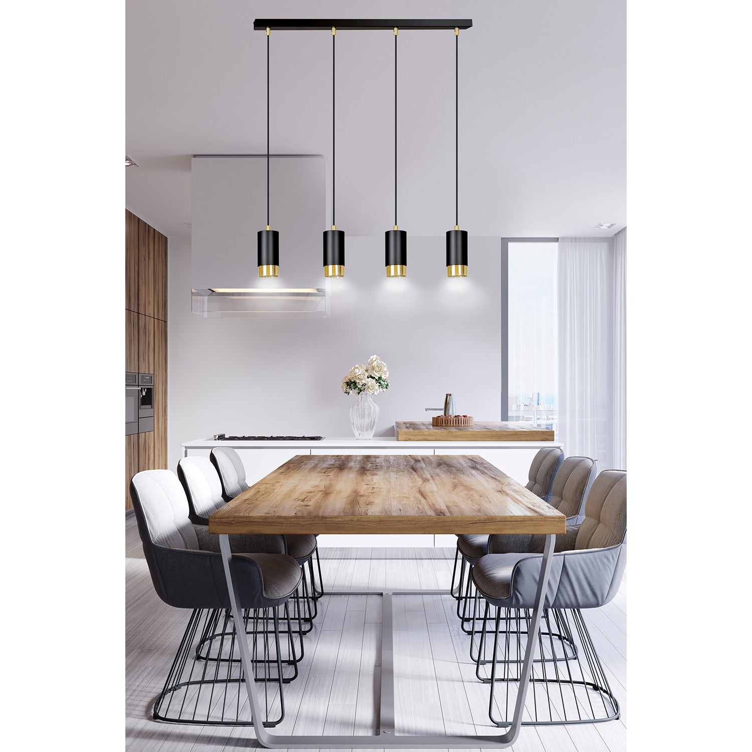 Lampadario 4 Luci Ivar Con Cilindri In Acciaio Nero E Oro