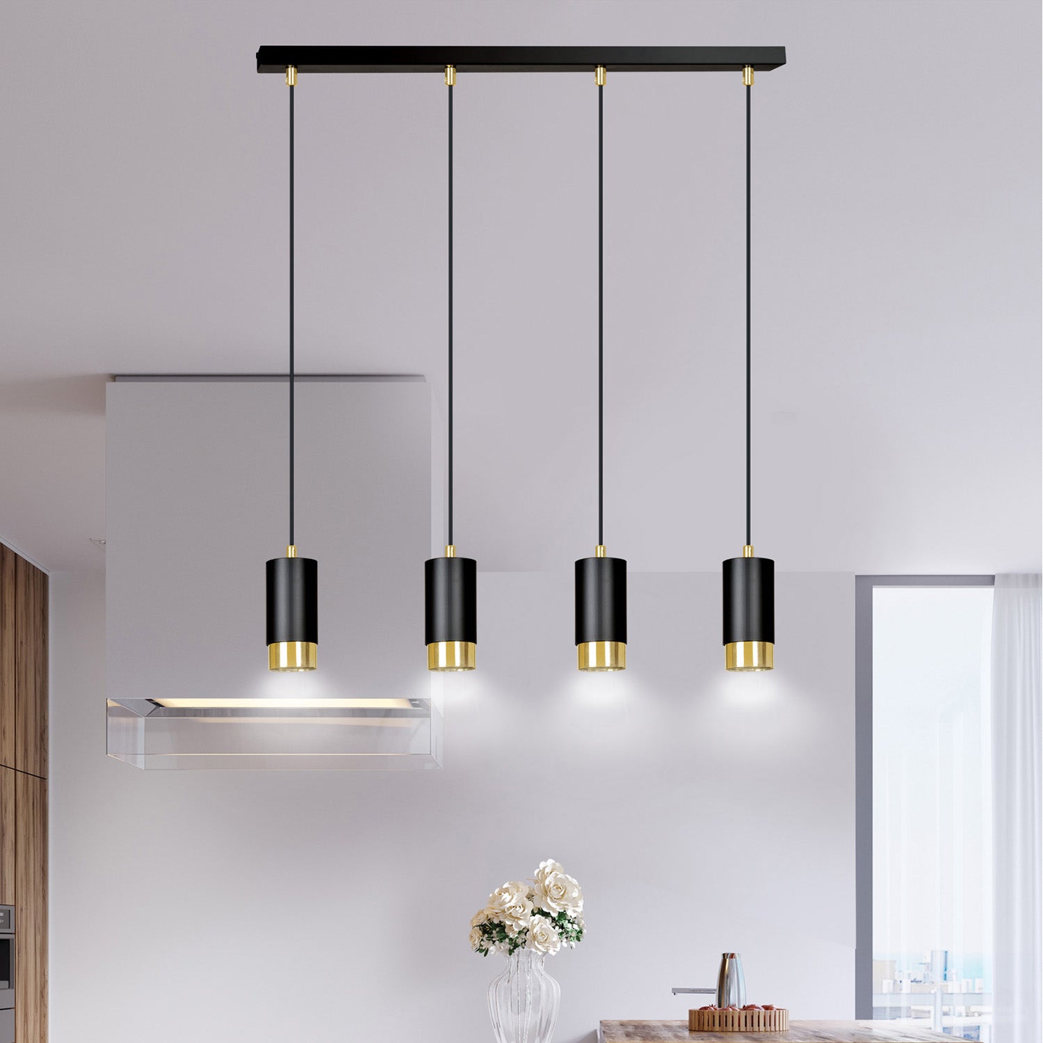 Lampadario 4 Luci Ivar Con Cilindri In Acciaio Nero E Oro