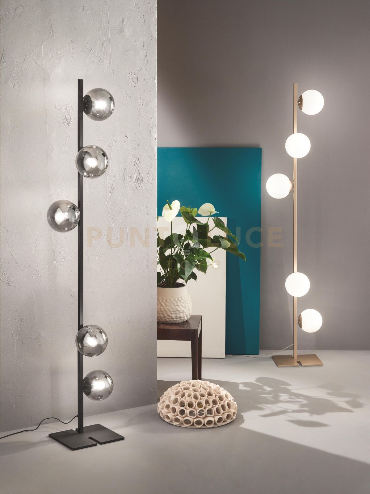 PIANTANA MONILE ORO 5 LUCI ATTACCO E14 H.170CM SFERE IN VETRO BIANCHE