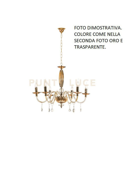 LAMPADARIO CECILIA 6 LUCI VETRO E CRISTALLO ORO E TRASPARENTE ATTACCO E14 D.60CM