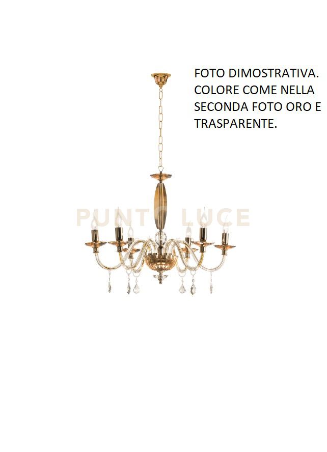 LAMPADARIO CECILIA 6 LUCI VETRO E CRISTALLO ORO E TRASPARENTE ATTACCO E14 D.60CM