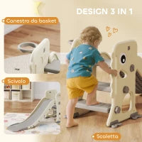 Scivolo per Bambini Pieghevole con Canestro e Palla da Basket, in PP e HDPE, 146x52x65 cm, Grigio e Crema