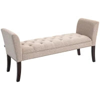 Panca Fondo Letto Imbottita e a Bottoni, in Tessuto Effetto Lino e Legno, 141x44x65 cm, Beige