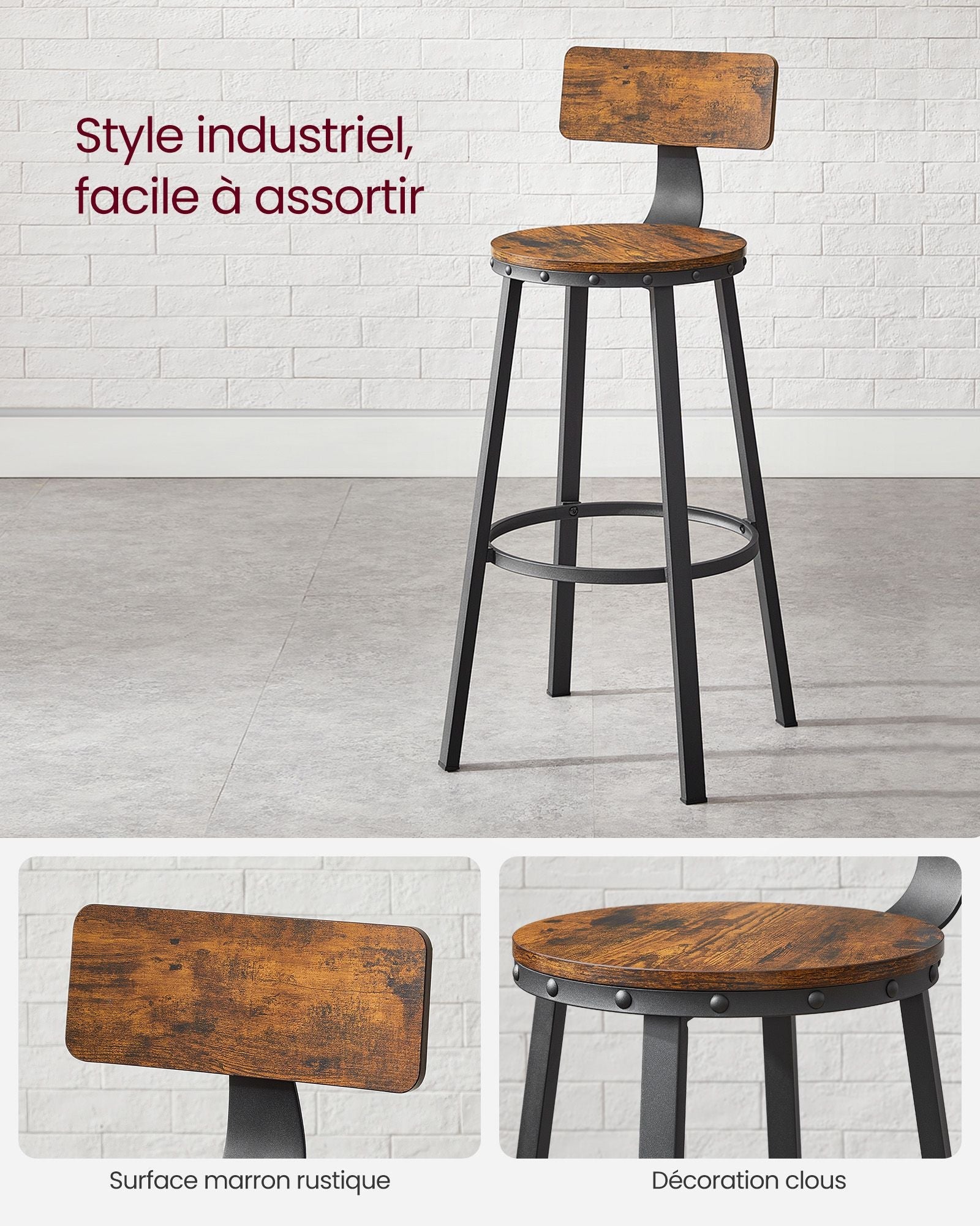 Set di 2 sedie da bar sgabelli alti con schienale seduta da cucina struttura in acciaio seduta alta 73 cm montaggio facile stile industriale marrone 12_0006194