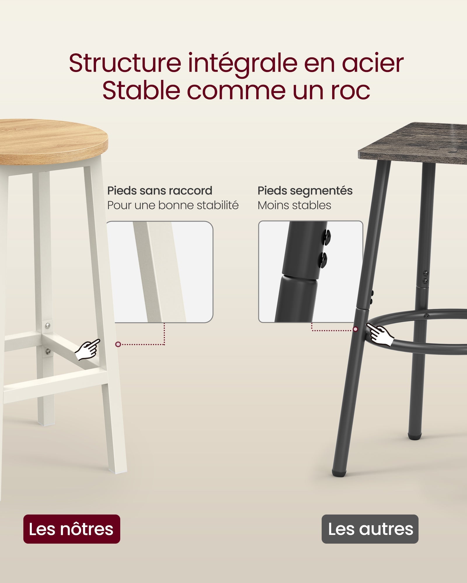 Set di 2 sgabelli alti da bar sedie da cucina struttura in acciaio altezza 65 cm facile da montare stile industriale beige 12_0007761