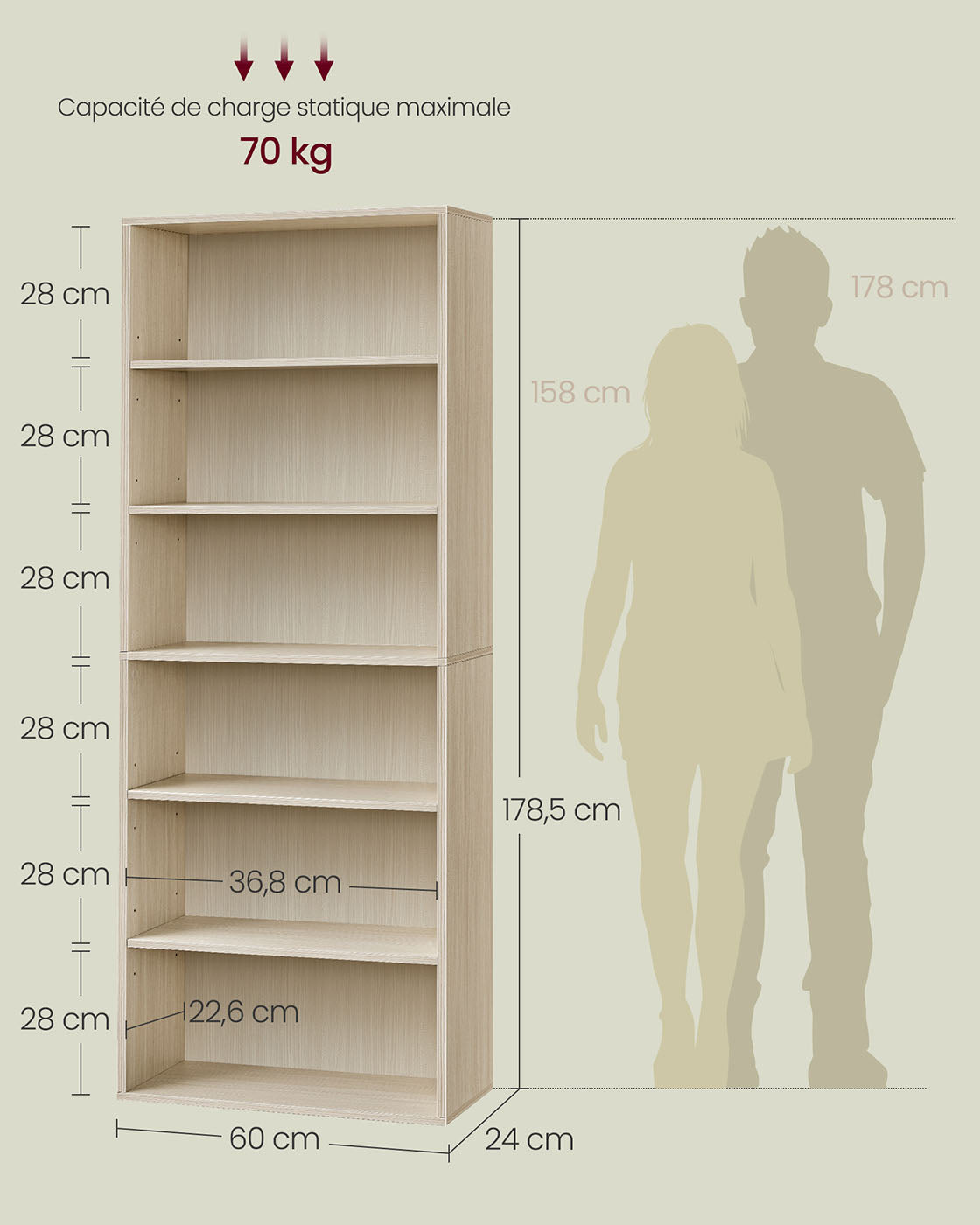 Libreria a 6 ripiani mobile a cubo per soggiorno ufficio camera da letto stile scandinavo 40 x 24 x 1785 cm beige 12_0004253
