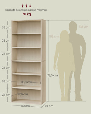 Libreria a 6 ripiani mobile a cubo per soggiorno ufficio camera da letto stile scandinavo 40 x 24 x 1785 cm beige 12_0004253