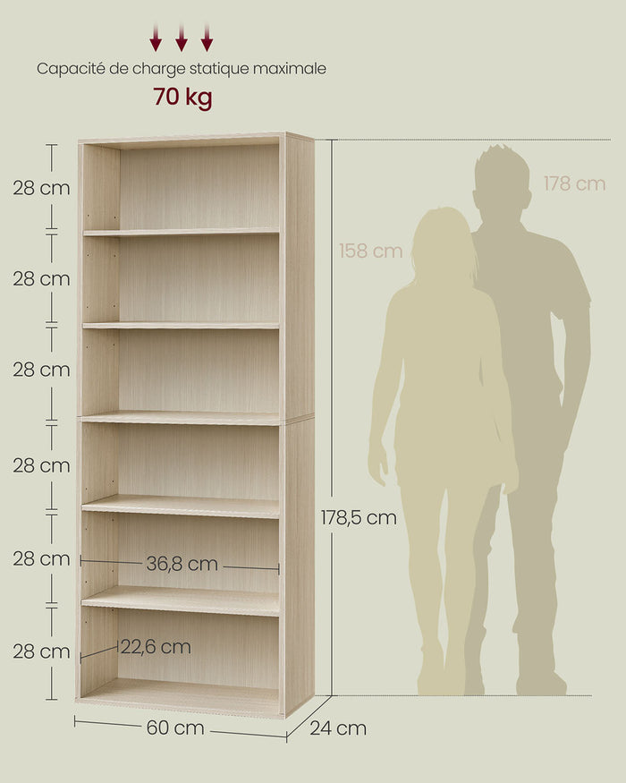 Libreria a 6 ripiani mobile a cubo per soggiorno ufficio camera da letto stile scandinavo 40 x 24 x 1785 cm beige 12_0004253