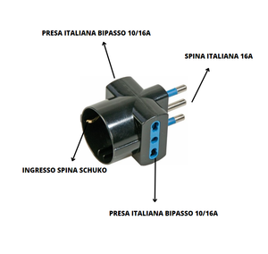 Adattatore triplo attacco grande nero schuko 16 ampere ecova