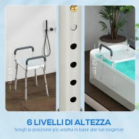 Sgabello per Doccia Regolabile con Braccioli e Fori di Drenaggio, in Alluminio, HDPE e EVA, 52x45x57-69 cm